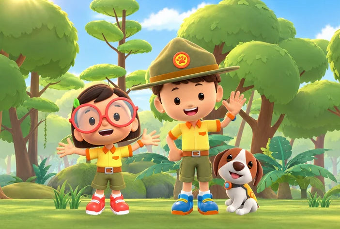 Katie, Leo and Hero waving in the jungle