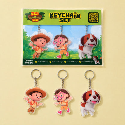 Leo The Wildlife Ranger keychain set package with the three acrylic keychains laid out below