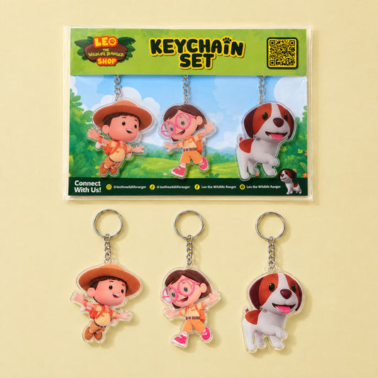 Leo The Wildlife Ranger keychain set package with the three acrylic keychains laid out below