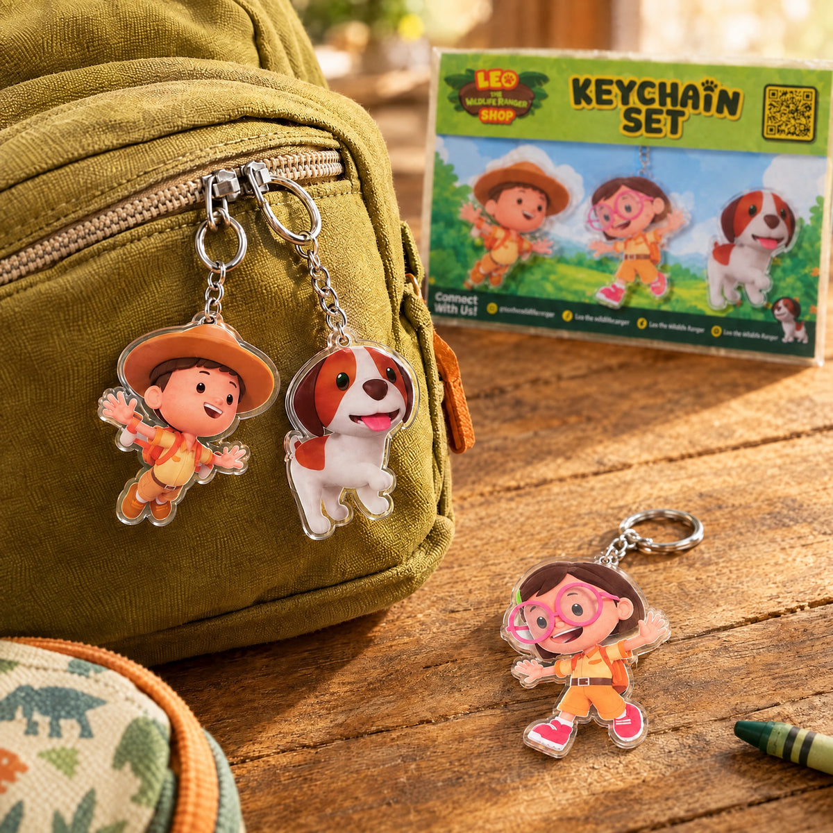 Leo and Hero acrylic keychains clipped to a child's school backpack, with the Katie keychain on the table